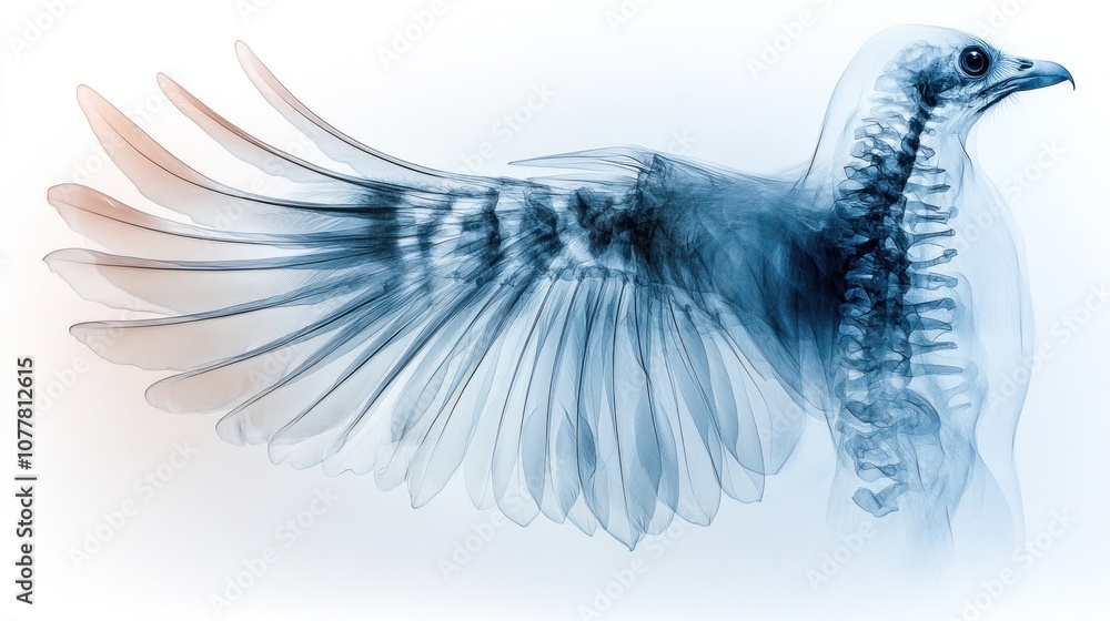 Poster x-ray image of a bird showcasing its skeletal structure and wings.