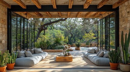 Fototapeta premium Open Glass Doors Reveal a Relaxing Patio with Seating, Plants, and a View of Nature