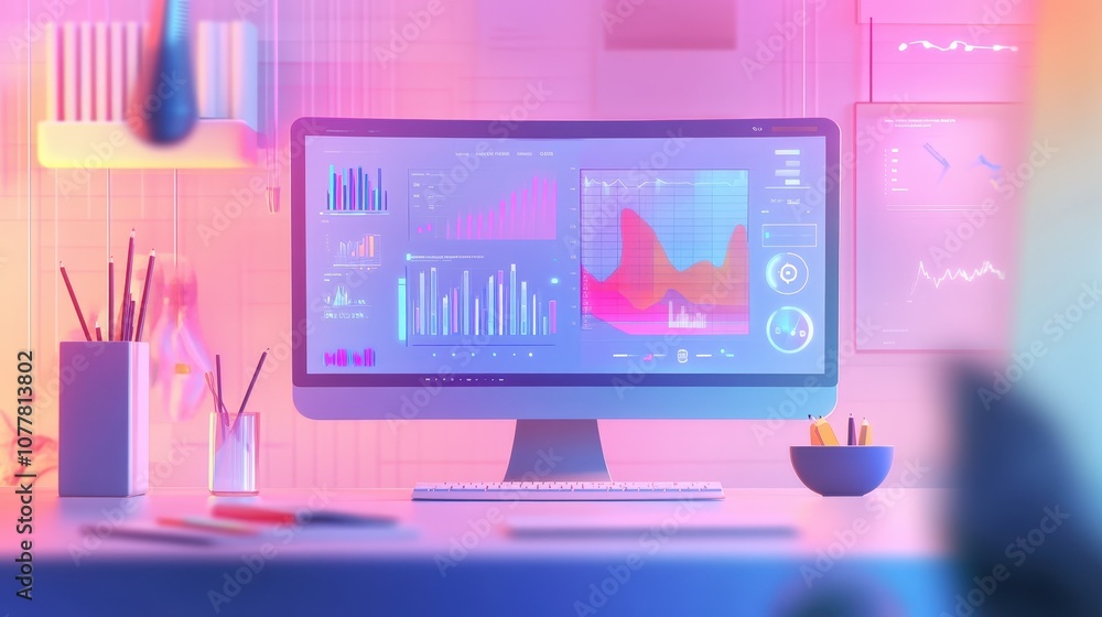 Poster an office setup with ai-driven data analytics on a screen, assisting in real-time decision-making, v