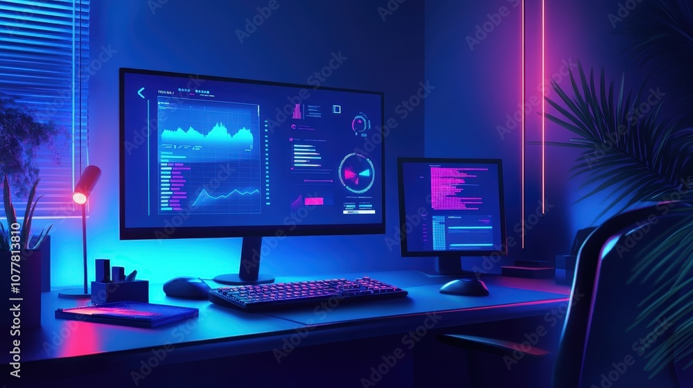 Poster an office setup with ai-driven data analytics on a screen, assisting in real-time decision-making, v