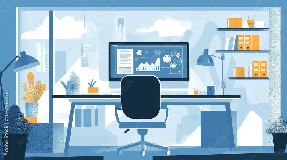 Poster an office setup with ai-driven data analytics on a screen, assisting in real-time decision-making, v