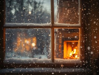 A Cozy Fireplace Viewed Through a Snowy Windowpane