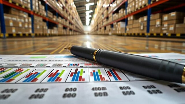 A detailed view of a report featuring colorful graphs and data sheets lies on a warehouse floor, with rows of stacked boxes visible in the background