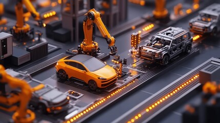 Automotive assembly line with vehicles being assembled in stages, robotic arms placing parts with precision in a coordinated flow