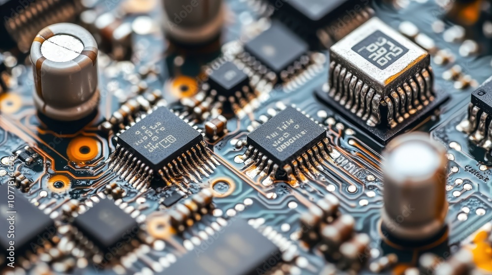 Poster close-up of a circuit board with intricate wiring and microchips, showcasing the foundation of moder