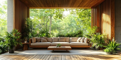 Fototapeta premium Modern Outdoor Living Space with Wooden Accents and Lush Greenery