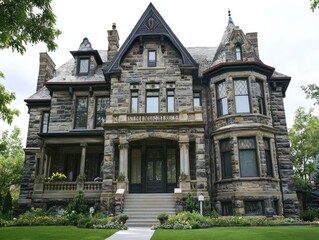 Naklejka premium A grand, historic stone mansion with intricate architecture and lush landscaping.