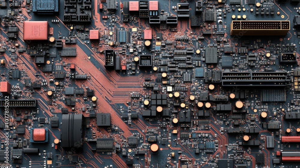 Poster computer motherboard with complex pathways and transistors, showcasing the intricate details that po