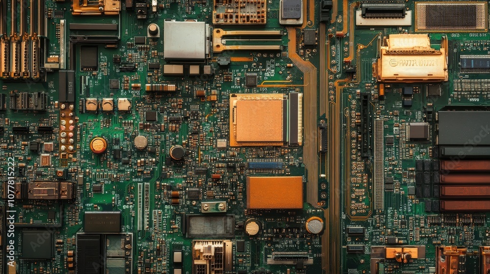 Poster computer motherboard with complex pathways and transistors, showcasing the intricate details that po