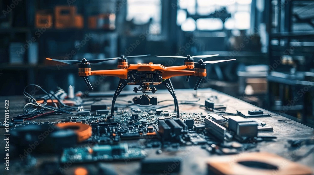 Poster drone on a workbench with exposed circuit boards and batteries, representing the advanced technology