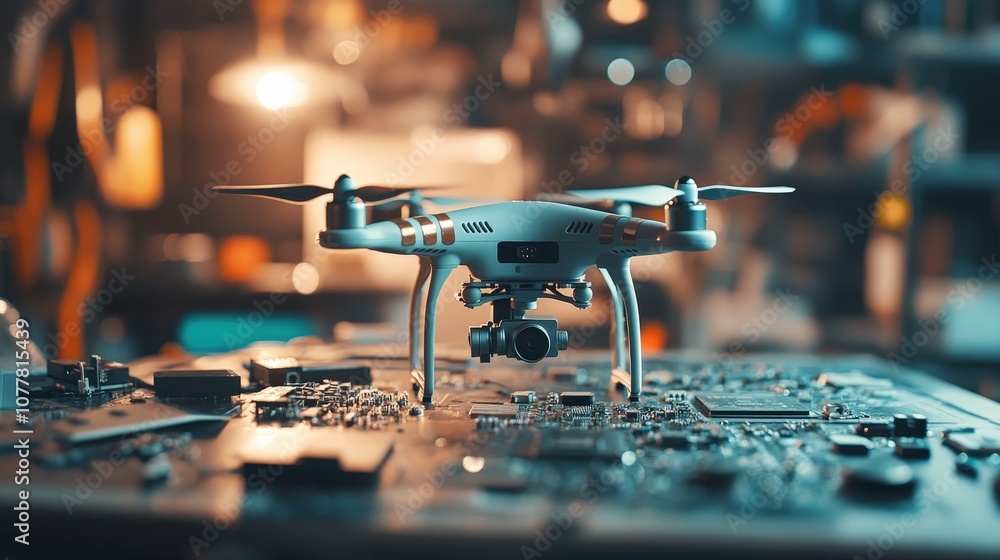 Poster drone on a workbench with exposed circuit boards and batteries, representing the advanced technology