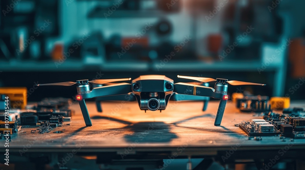 Poster drone on a workbench with exposed circuit boards and batteries, representing the advanced technology