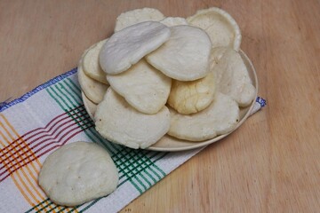 Fish crackers, Palembang crackers are a type of traditional Indonesian cracker originating from Palembang, Indonesia. Served on a wooden plate