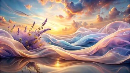 Fototapeta premium Serene Sky Reflected in Tranquil Waters, Where Lavender Blooms Amidst a Dreamy Landscape of Flowing Fabric
