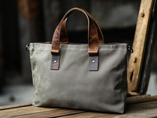 Grey Canvas Tote Bag with Brown Leather Handles