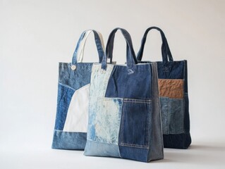 Three Patchwork Denim Tote Bags with White and Brown Accents