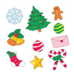 a collection of christmas decorations including a christmas tree, bells, chocolate cake, stars, candy canes.