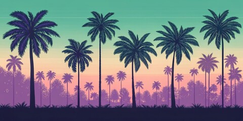 Obraz premium Neon Paradise A row of bold pixel palm trees framed in bright green and electric purple their silhouettes captured in crisp detail against a soft gradient of peach fading into