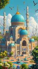 A Majestic Mosque with Lush Gardens and Blue Domes