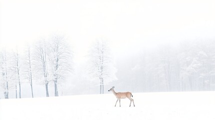 Beautiful deer stag in the winter forest. Noble deer against snowy trees. Wildlife scene from nature. Christmas and winter holidays concept. Animal in natural landscape