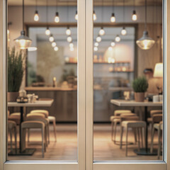 Logo poster promotion design mockup. Blank empty clear glass doors frame for advertising banner template mock up displayed at the front of wooden beige cafe bar restaurant or coffee shop