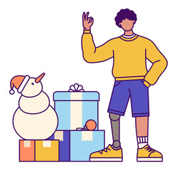 Man making ok sign next to Christmas decorations and boxes