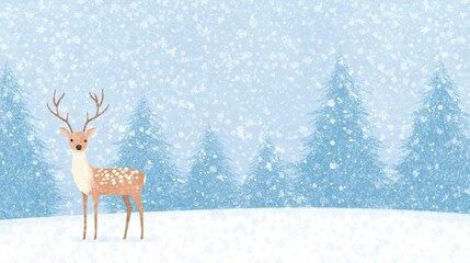 Beautiful deer stag in the winter forest. Noble deer against snowy trees. Wildlife scene from nature. Christmas and winter holidays concept. Animal in natural landscape. Flat lay illustration