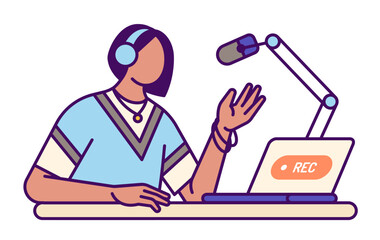 Woman recording podcast with microphone and laptop