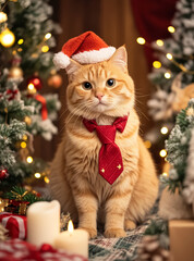 Obraz premium This cute cat is celebrating Christmas with joy, wearing a red Santa hat and a stylish tie. Full of spirit, he is ready to brighten up the holiday atmosphere in adorable style!