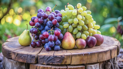 Appetizing fruits grapes, pears and plums on a stump, close-up.