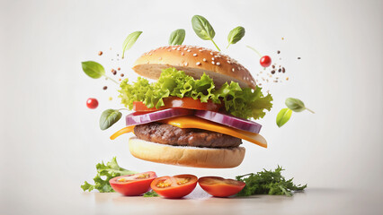  Flying burger ingredients on isolated background, close-up with slow motion effect.