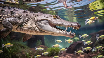 Fototapeta premium The crocodile moves underwater, and small fish glide around it, creating a harmonious picture.