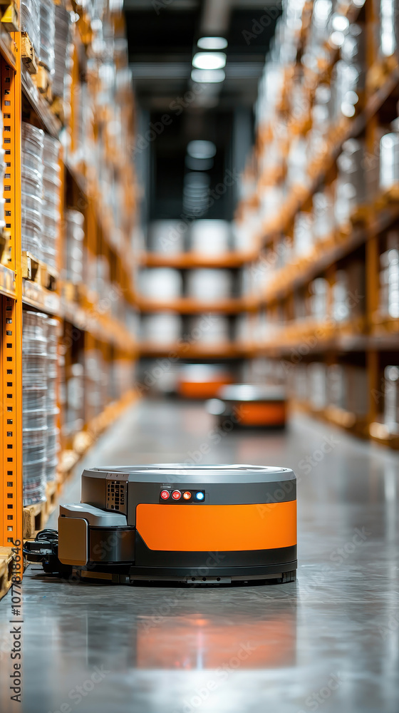 Poster a robotic vehicle navigates through an organized warehouse, showcasing automation in inventory manag