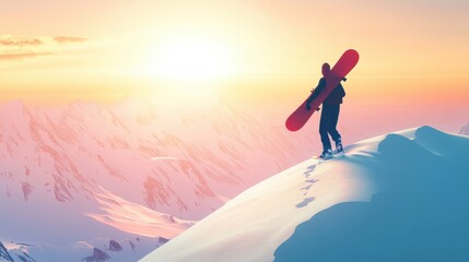 Obraz premium Adventurer with Snowboard on Mountain Slope at Sunrise