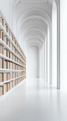 Obraz premium A serene, minimalist library interior with rows of bookshelves and elegant arches, creating a peaceful atmosphere for reading and reflection.