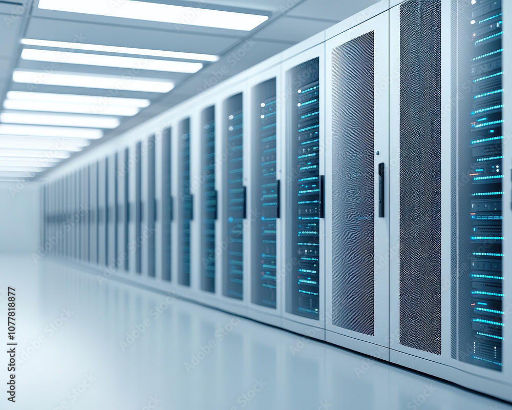 Poster a modern data center interior featuring rows of server racks illuminated by overhead lights in a sle