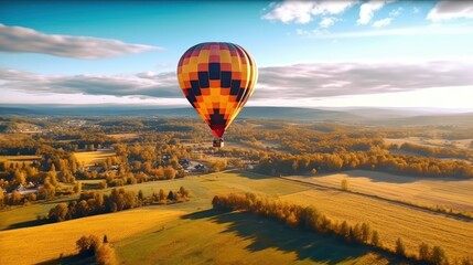 Naklejka premium Hot Air Balloon Soaring Over Autumnal Landscape