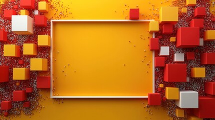 White Frame Surrounded by Red and Yellow Cubes on a Yellow Background