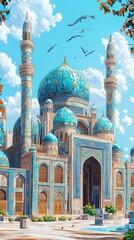 A Vibrant Blue Mosque with Ornate Details and a Sky Filled with Birds