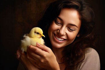 a woman with a warm smile holding a baby chick in her hands