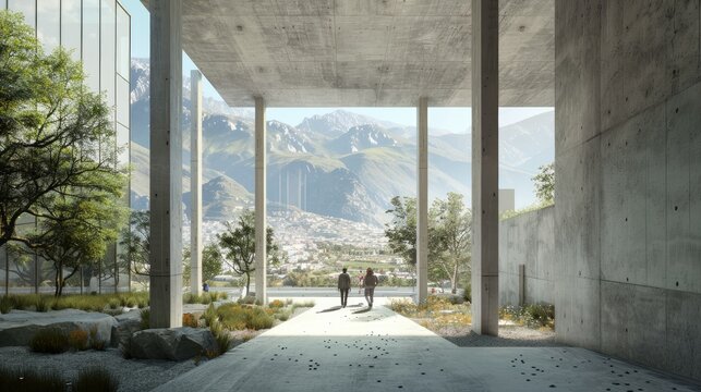 a beautiful architectural rendering of an internal corridor that ends with a big vertical window divided by vertical and orizontal steel elements