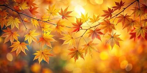 Fototapeta premium A symphony of golden hues on a branch, delicate leaves bathed in warm sunlight, creating a serene tapestry of nature's artistry.