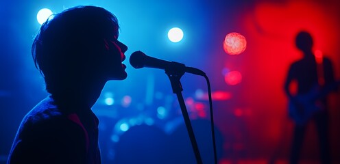 Obraz premium Silhouette of a singer performing with a microphone on stage during a live concert with blue and red stage lights.