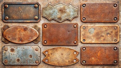 Fototapeta premium A collection of eight weathered metal plates with rounded corners and riveted edges, perfect for displaying text or graphic designs.