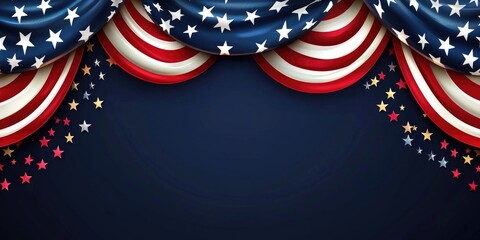 A Memorial Day banner design featuring bold patriotic colors, stars, and an American flag draped across the top.