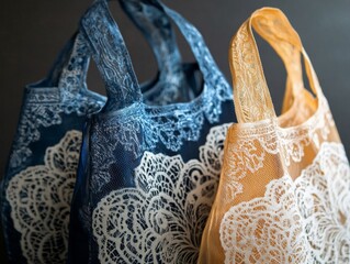 Two Lacy Tote Bags in Blue and Beige