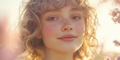 Close up of a happy girl with beautiful, smooth, and clear skin, radiating a natural glow, generative AI