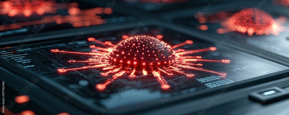 Poster a close-up of a digital representation of a virus, depicted as a red spherical structure with spiky 