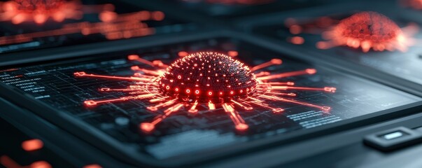 A close-up of a digital representation of a virus, depicted as a red spherical structure with spiky protrusions on a dark, technological background.