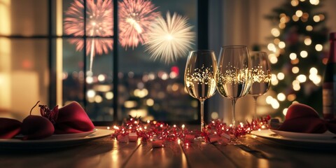 Luxury home New Year's Eve celebration with a view of fireworks outside,space for text